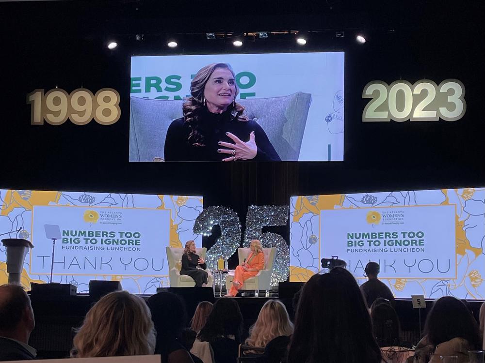 Brooke Shields speaks at a Nov. 2, 2023, luncheon with the Atlanta Women's Foundation