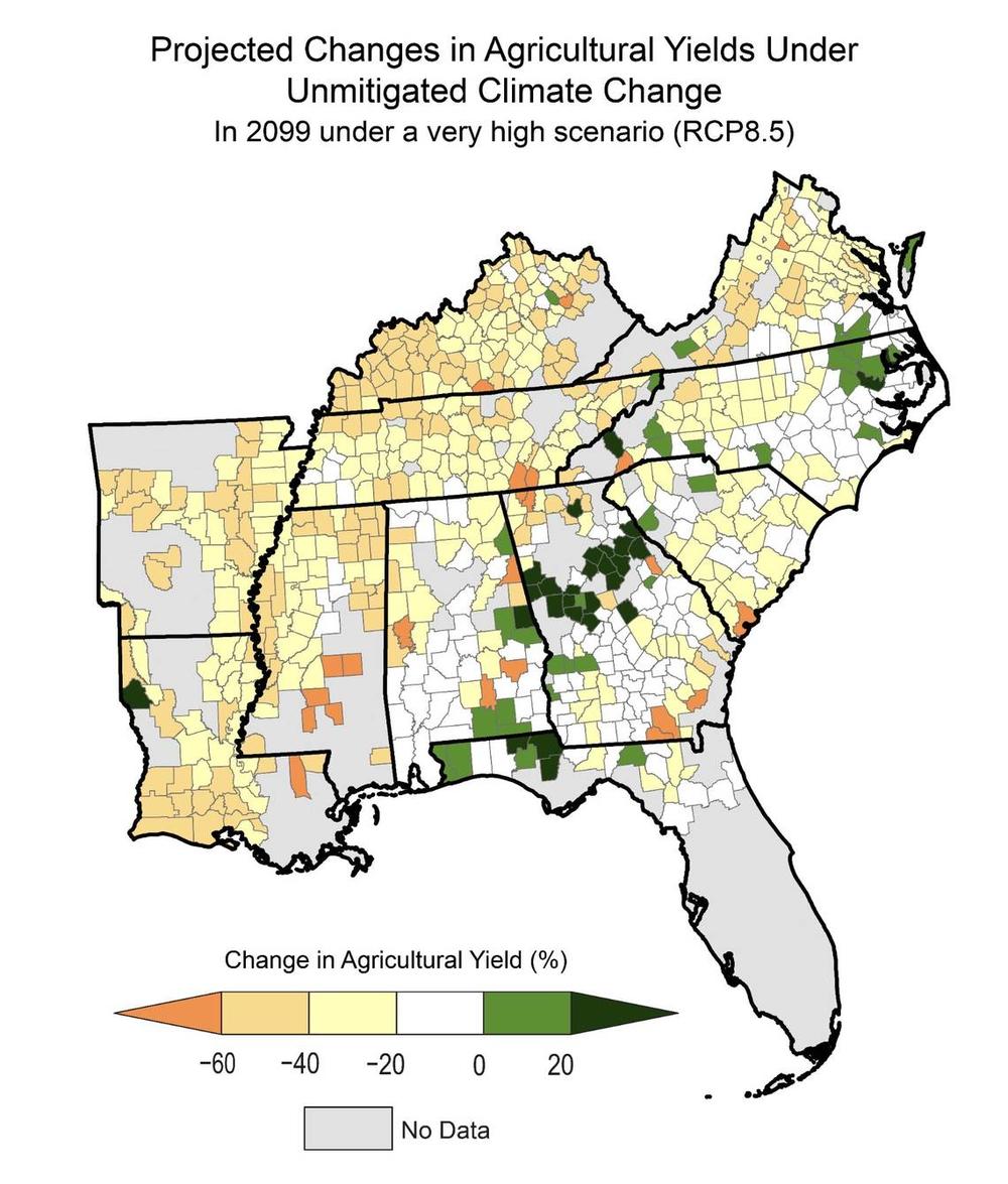 Map of projected change in agricultural yields if climate change is unmitigated