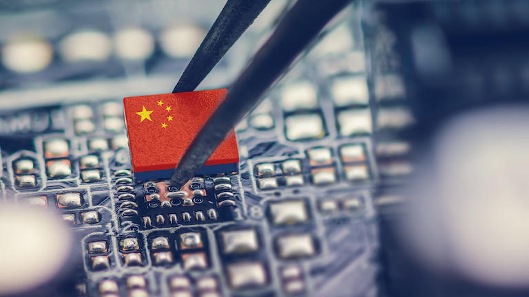A microchip with the Chinese flag