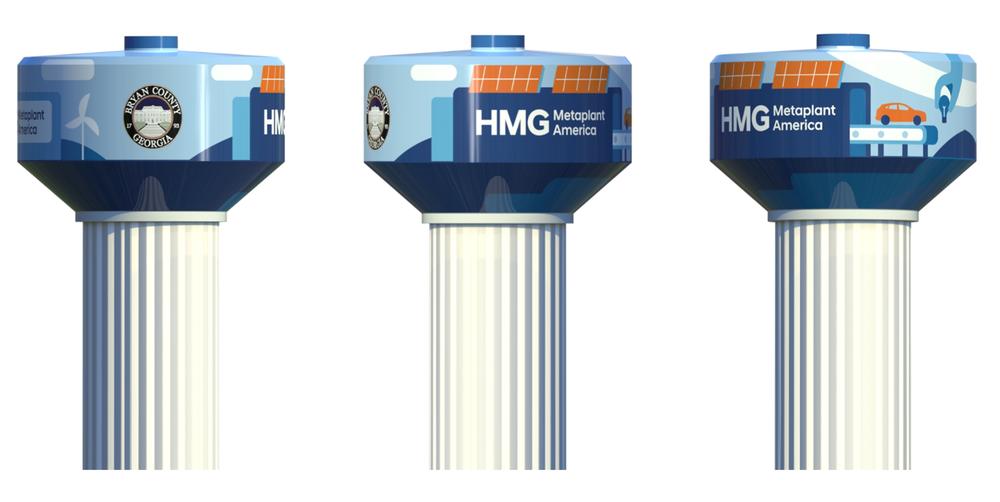 Renderings of the winning design for the water tower at the future Hyundai electric vehicle factory in Bryan County