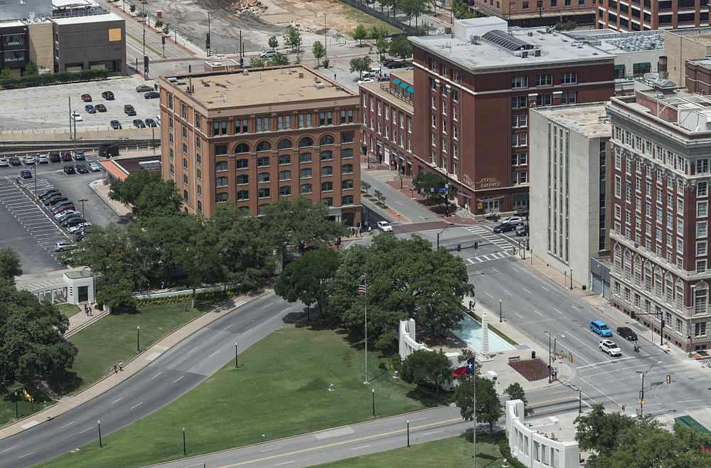 View, in 2014, of Dealey Plaza and the Texas School Book Depository in Dallas, Texas, where Lee Harvey Oswald, the presumptive assassin of President John F. Kennedy, found a perch above the plaza on Nov. 22, 1963