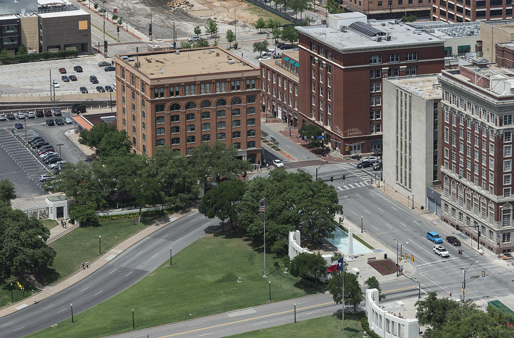 View, in 2014, of Dealey Plaza and the Texas School Book Depository in Dallas, Texas, where Lee Harvey Oswald, the presumptive assassin of President John F. Kennedy, found a perch above the plaza on Nov. 22, 1963