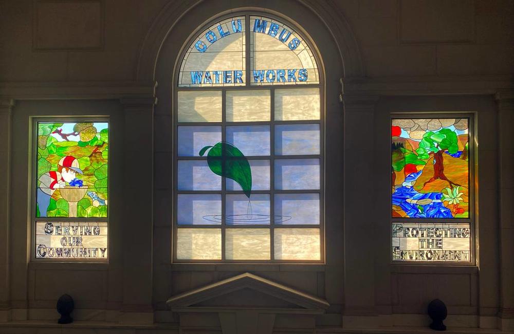 These stained-glass windows are in a historic structure on the grounds of the Columbus Water Works treatment facility on River Road in Columbus, Georgia.  