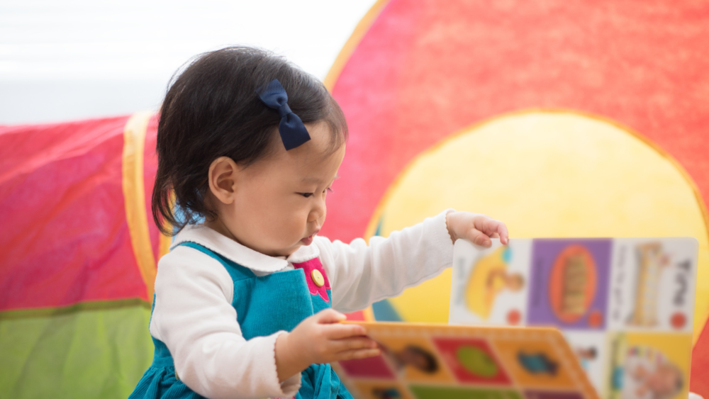 A baby explores a book