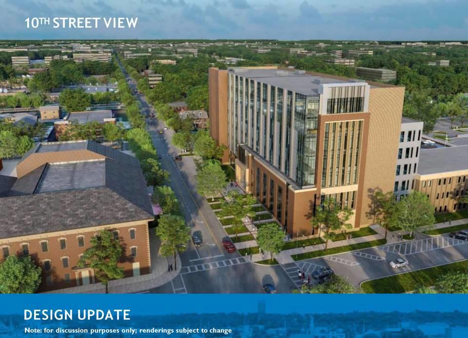 This rendering, from a design update presented to Columbus Councilors on Oct. 10, 2023, shows the new judicial center across 10th Street from the Springer Opera House.