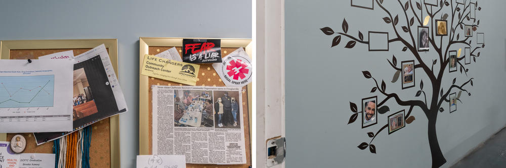 Details at The Never Alone Clubhouse in Douglas County. On the right, a memorial to friends and family that have died from substance use.