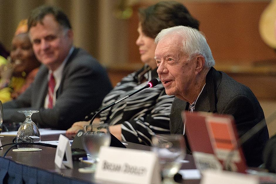 Former U.S. President Jimmy Carter (right) participates in a roundtable discussion during the Carter Center's Human Rights Defenders Forum on May 8, 2017.
