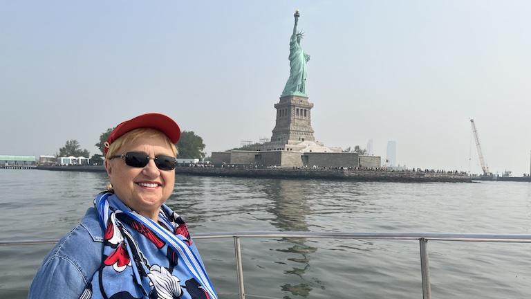 Lidia Bastianich at the Statue of Liberty.