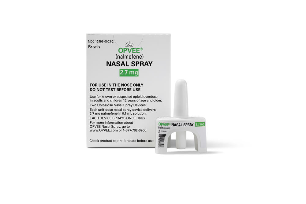 A box of OPVEE opioid overdose reversal nasal spray kit