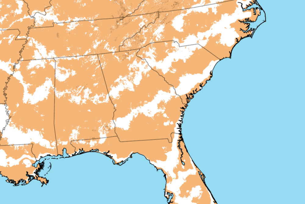 The 2023 Plant Hardiness Zone Map shows shifting zones in much of Georgia. Areas in orange and brown saw a warming of their average lowest winter temperature range, compared to 2012. White denotes no change.