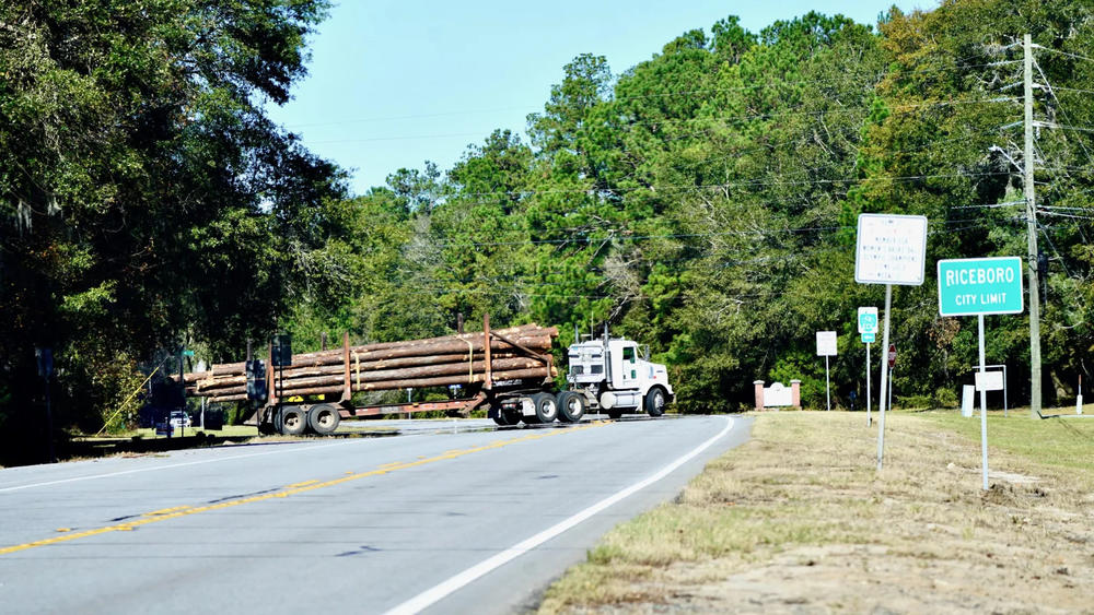 A logging truck rolls out with a fill load on the outskirts of Riceboro, Ga. Weyerhaeuser, which owns thousands of acres in the area, is seeking a state permit to use the toxic chemical methyl bromide in a proposed log fumigation facility. Local officials and residents say they oppose the plan.