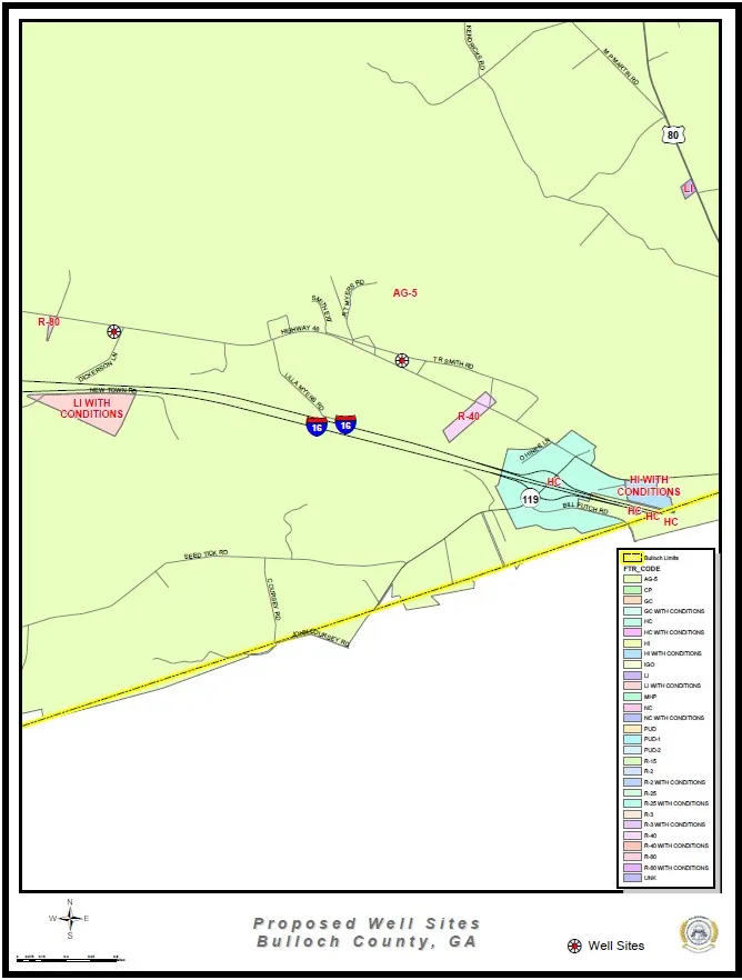 The map shows the proposed locations of two wells along Ga. Highway 46 in Bulloch.