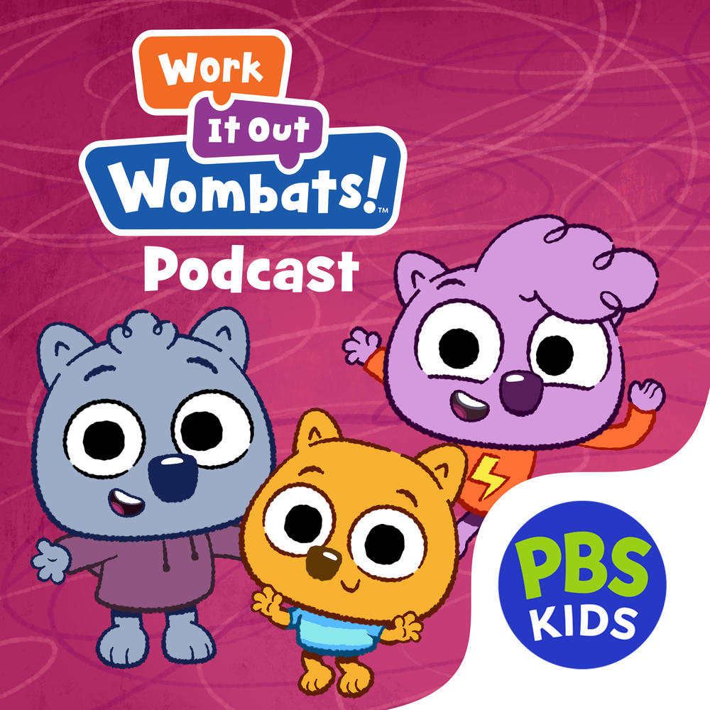 The Work It Out Wombats! crew, Zadie, Zeke and Malik, stand together, waving their arms and smiling