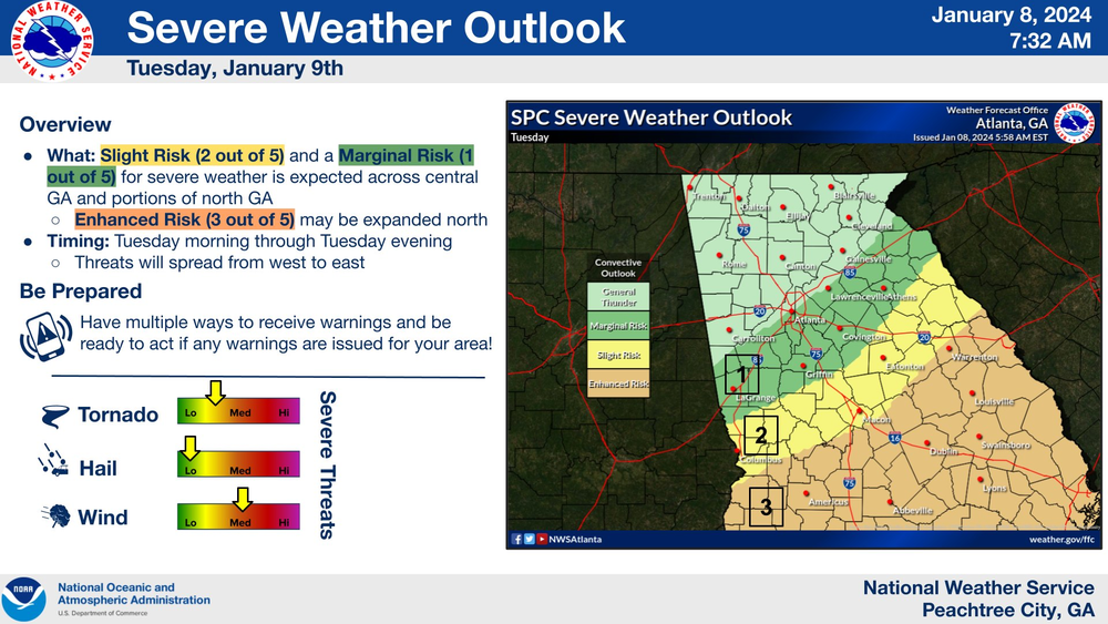 A map shows where severe weather is possible in Georgia the week of Jan. 8 to Jan. 14, 2024.