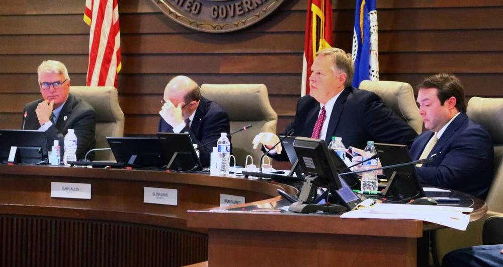 Columbus City Councilor Glenn Davis, second from right, tells Public Works Director, Drale Short he appreciates her work and will give her time to come up with a resolution during the waste pick up transition.