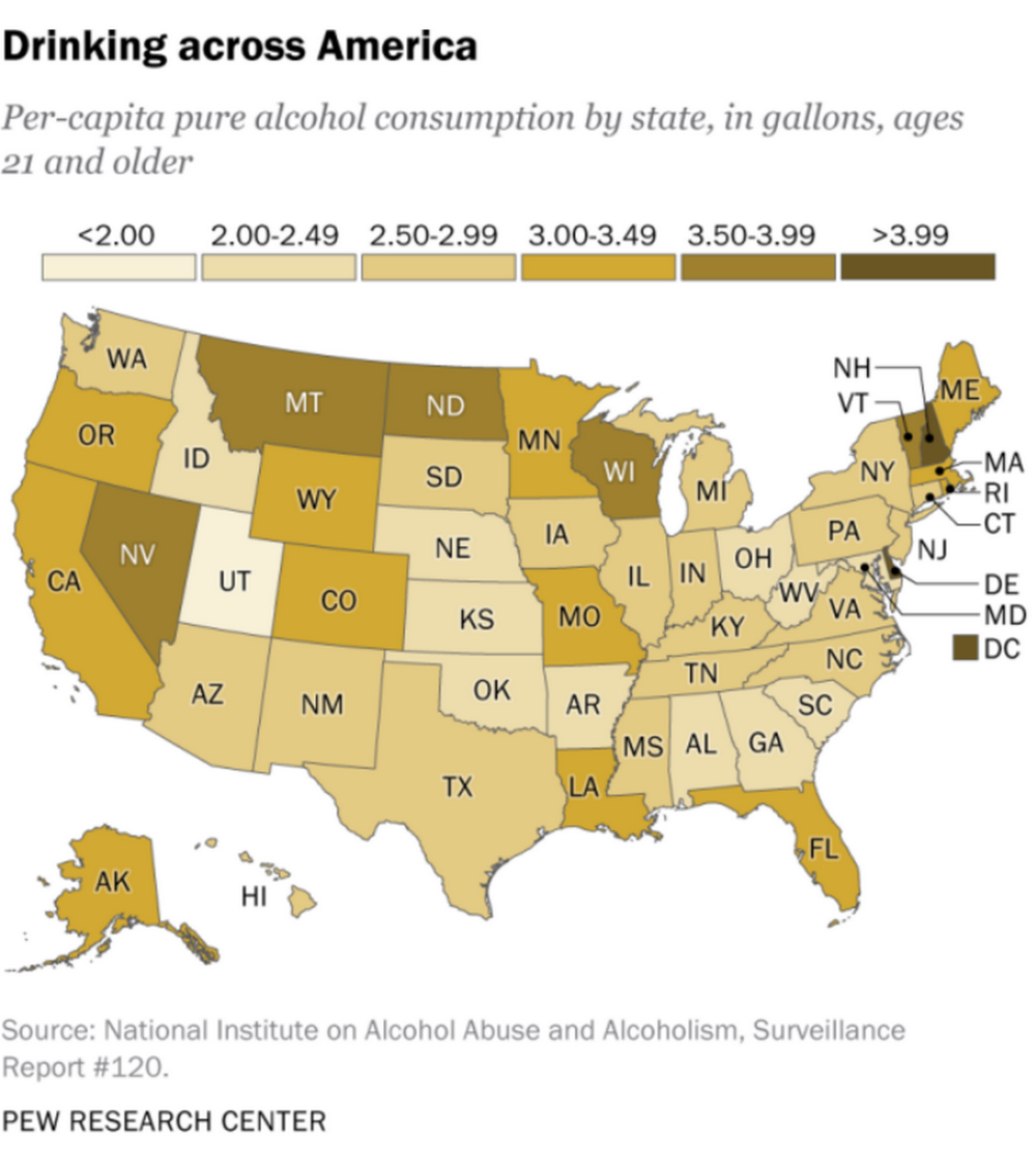 Pew Research Center revealed how much alcohol was consumed per capita in each US state  