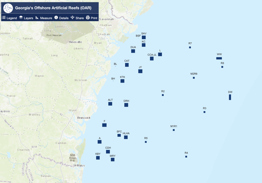This Georgia DNR Map shows the locations of its artificial reef system dating back to the 1970s.