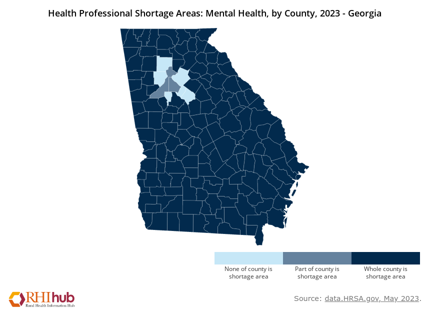 map of Georgia counties with a shortage of mental health care professionals