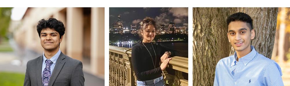Bhav Jain, Kushi Kohli, and Tej Patel in individual headshots