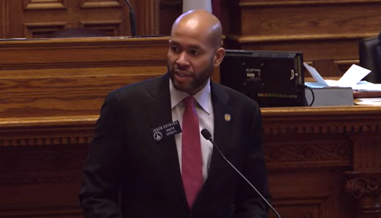 State Sen. Jason Esteves (D-Atlanta) is shown speaking in the Georgia State Senate.
