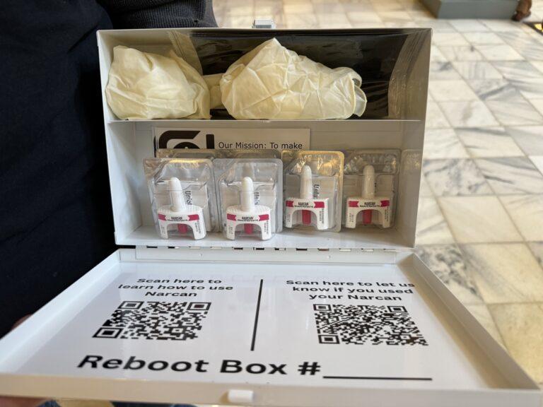 This naloxone kit has six Narcan doses and multiple pairs of gloves and masks. Five kits like this have been installed at the state Capitol and other buildings. 
