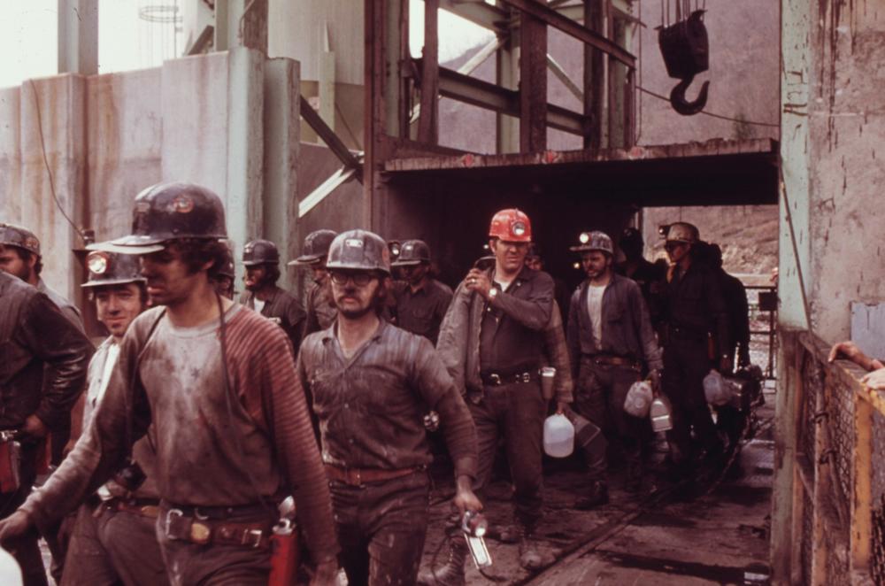 Coal miners exiting a winder cage at a mine near Richlands, Virginia in 1974