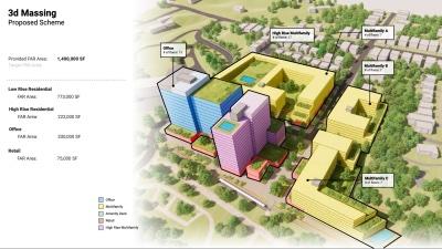 Portman Holdings’ 3-D massing of the proposed redevelopment of Amsterdam Walk with Monroe Drive shown at top. Orange at the ground level represents retail. Apartments are shown in yellow and pink. A planned office building is blue.