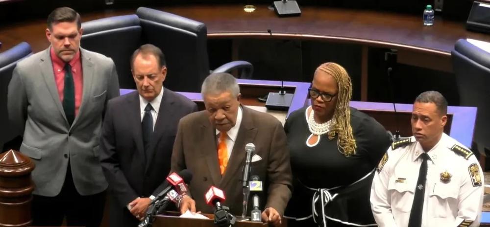 Fulton County Commission Chairman Robb Pitts, center, gave an incident briefing on a cyber attack that affected county computer systems. (FGTV)