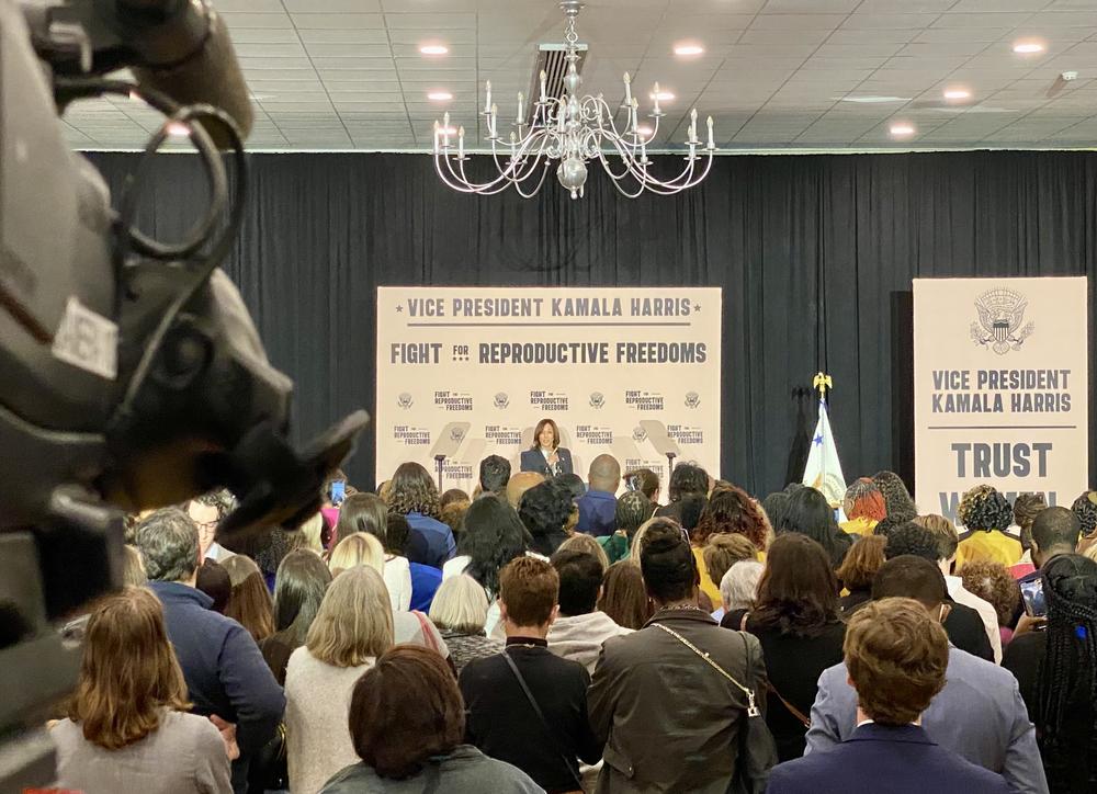 Vice President Kamala Harris speaks at a ballroom in the Savannah Civic Center on Tuesday, Feb. 6.