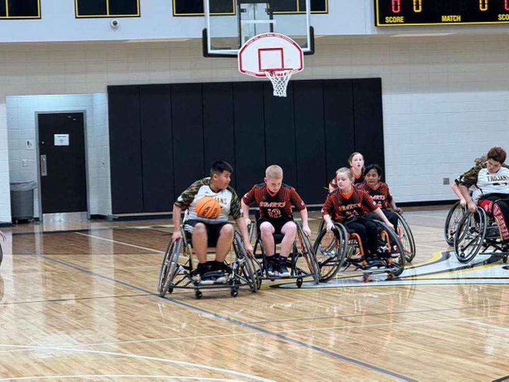 Peach County was recently awarded a $30,000 grant to form an adaptive sports program. The grant provided a set of home and away Adidas jerseys, basketballs, handball goals, footballs, eight Eagle Sports wheelchairs, and volleyballs. Courtesy Peach County School District 