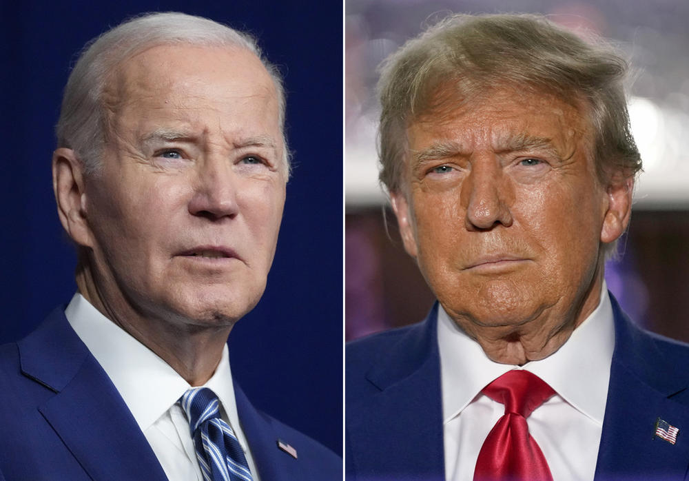 In this combination of photos, President Joe Biden, left, speaks on Aug. 10, 2023, in Salt Lake City, and former President Donald Trump speaks on June 13, 2023, in Bedminster, N.J. The 2024 general election campaign will pick up Saturday, March 9, where the 2020 contest left off. Fresh off their Super Tuesday domination to set up a near-certain rematch, the two rivals will hold dueling events in a state that both parties see as pivotal to winning in November. (AP Photo)