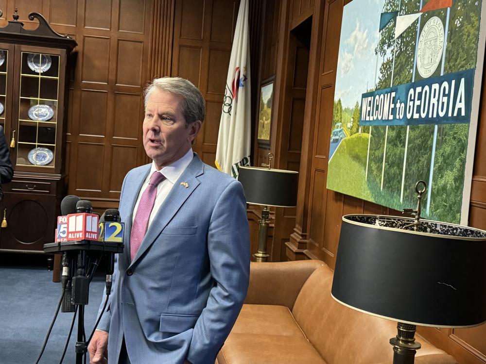  Gov. Brian Kemp talks to reporters at the Capitol Tuesday morning. Jill Nolin/Georgia Recorder 