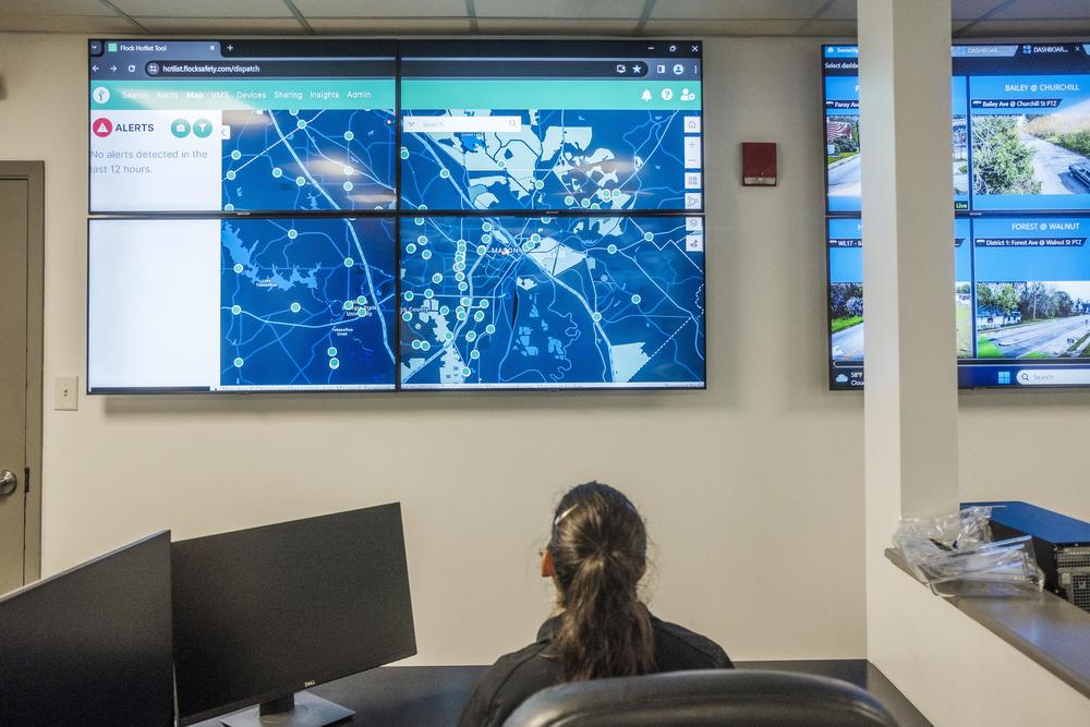 A map showing the location of the cloud connected surveillance cameras belonging to Bibb County, as seen in the control room of the Bibb County Sheriff's Office. When their owners agree to add their private cameras, those will show up as tiny red dots. 