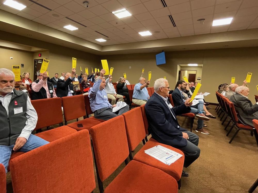 Delgates vote by holding up yellow cards in the audience at the Dawson County government building March 21, 2024.
