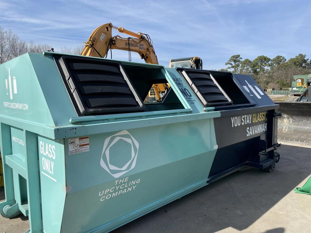 Glass recycling collection container at Bacon Park Transfer Station in Savannah.