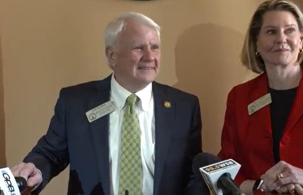 Georgia House Speaker Jon Burns (R-Newington) and Speaker Pro Tempore Jan Jones (R-Milton) talk to reporters after passage of SB 233 on March 14, 2024.