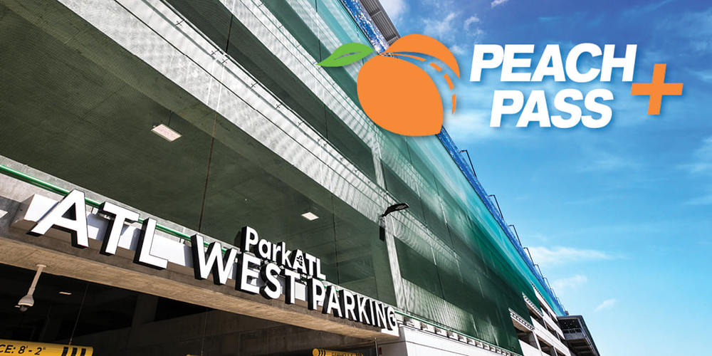 A promo photo of a parking deck at Hartsfield-Jackson Atlanta International Airport with the Peach Pass logo superimposed on it. 