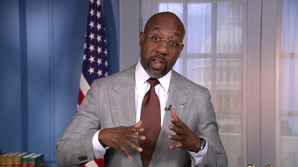 Georgia U.S. Sen. Raphael Warnock speaks during a conference call with Savannah-area reporters on March 14, 2024, from Washington, D.C.