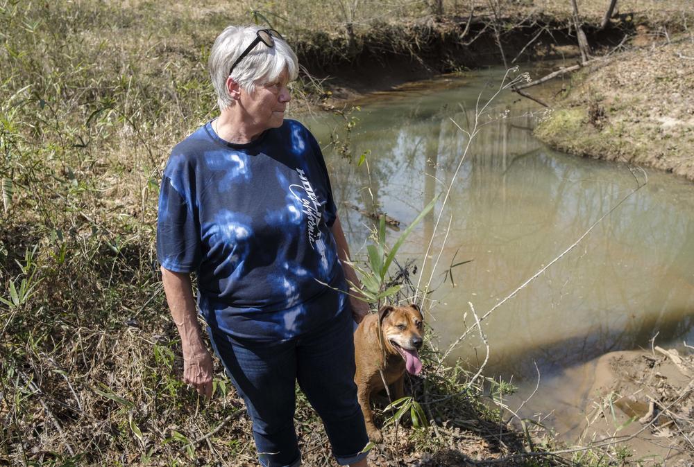 Gloria Hammond by Berry Creek, at the back of her property in Monroe County.  She said the creek has changed a lot in the decades since the Plant Scherer Ash Pond 1 was created. “I don't see my mussel shells that I used to see on the sand,” she said. “I don't hear the frogs at night down here.” 