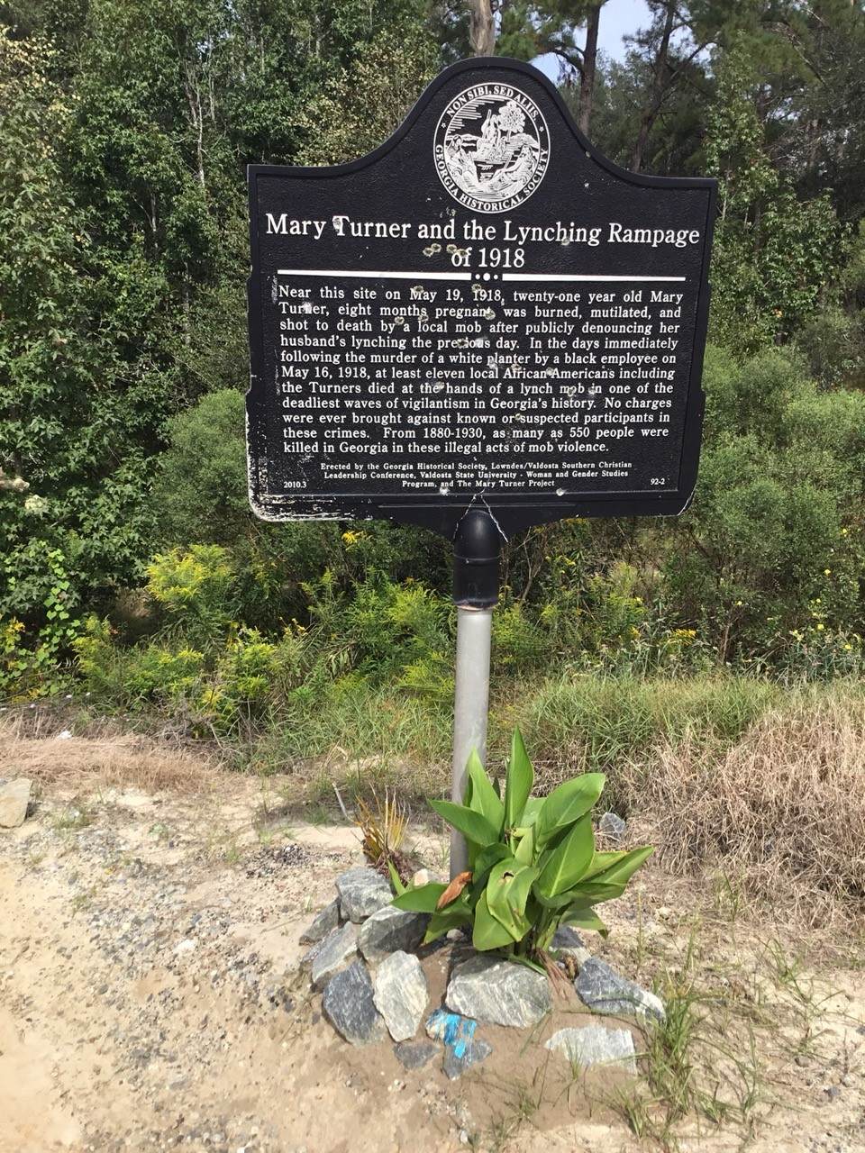 A bullet-ridden historical marker memorializing the lynching of Mary Turner and the lynching rampage of 1918 will be on display at the National Center for Civil and Human Rights.