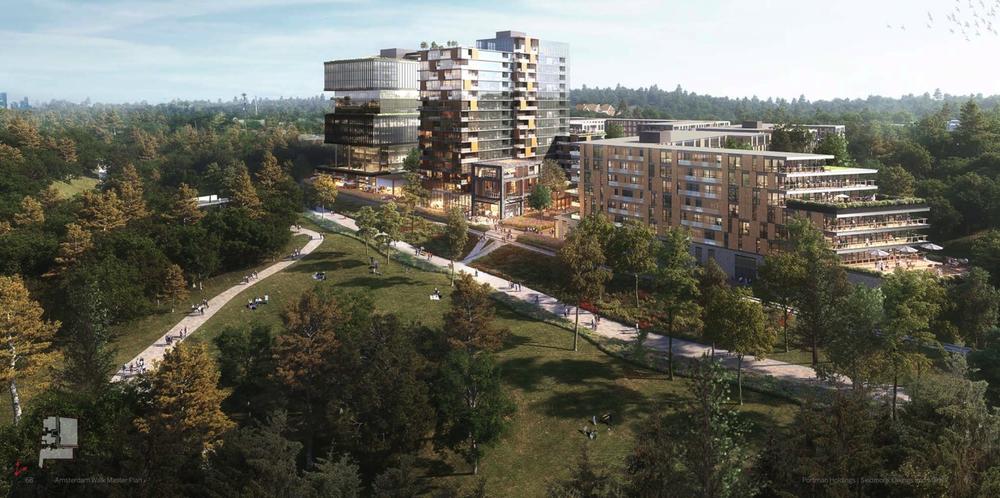 An illustration of Portman Holdings’ proposed redevelopment of Amsterdam Walk as seen from Piedmont Park. (Rendering courtesy Portman Holdings and Skidmore, Owings & Merrill)