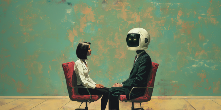 An AI-generated image made by Midjourney. It depicts an AI consultant advising a candidate.
