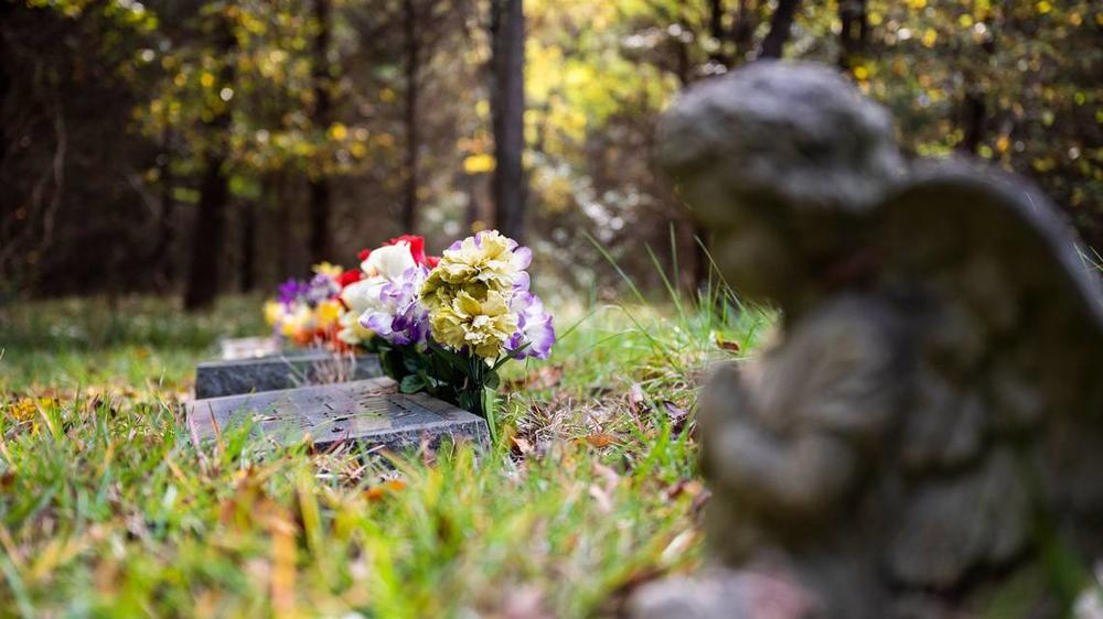 Headstones of beloved pets are set with flower arrangements.
