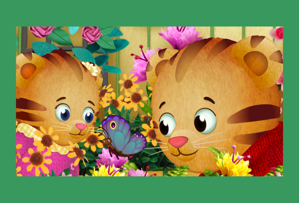 Daniel Tiger and Margaret Tiger are in a garden surrounded by flowers and butterflies