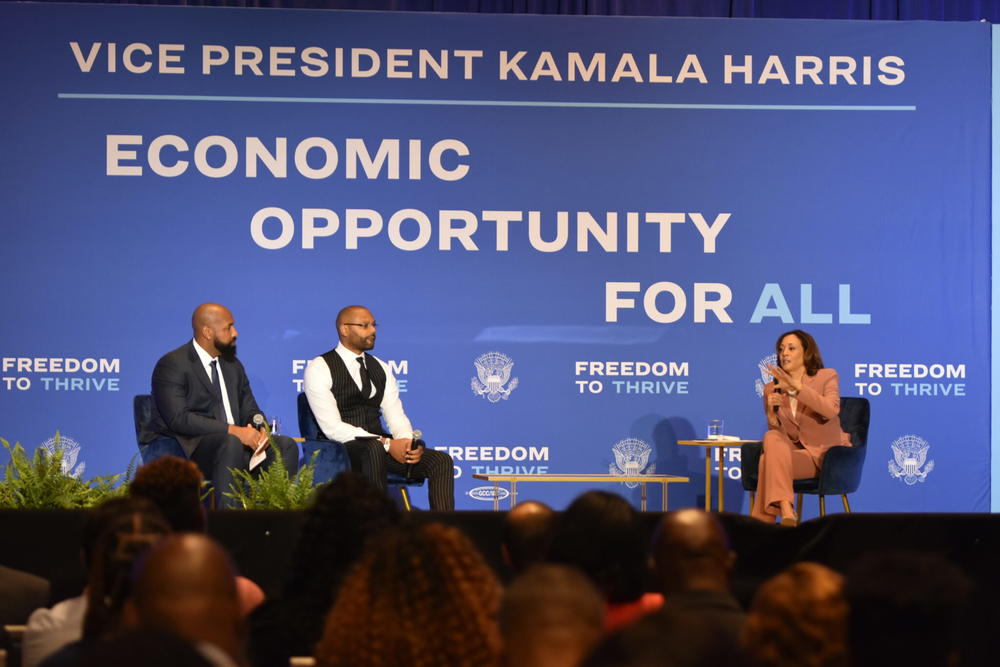 Vice President Kamala Harris speaks with Earn Your Leisure’s Rashad Bilal and Troy Millings in Atlanta.