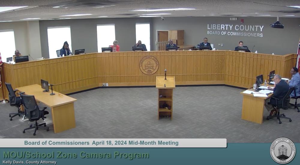 The Liberty County Board of Commissioners listens to a call from County Attorney Kelly Davis about taking over Sheriff Will Bowman’s RedSpeed ticket revenue fund, Hinesville, April 18, 2024.