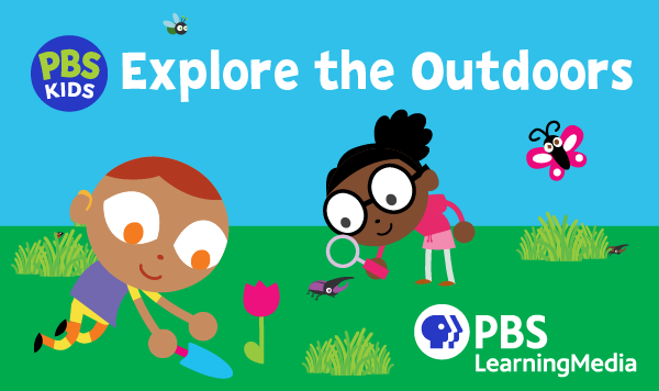 Two kids are exploring the outdoors. One is gardening. The other is examining an insect.