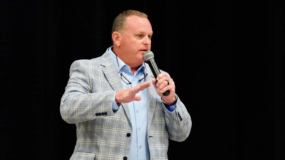 Kevin Hofkin, candidate for Liberty County sheriff, addresses the crowd at an NAACP candidate forum, Flemington, April 13, 2024.