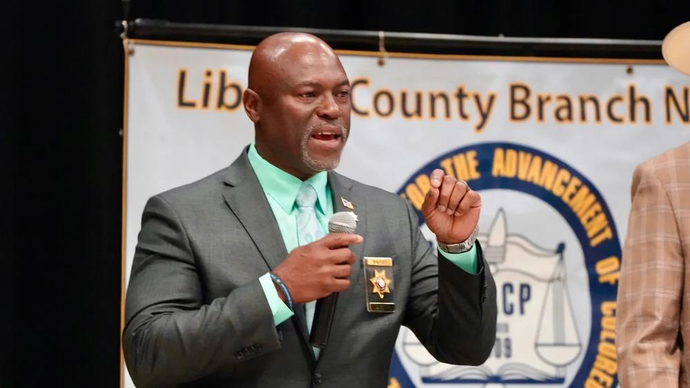 Liberty County Sheriff William Bowman addresses the crowd at the Liberty County Branch NAACP Candidate Forum, Flemington, April 13, 2024. 