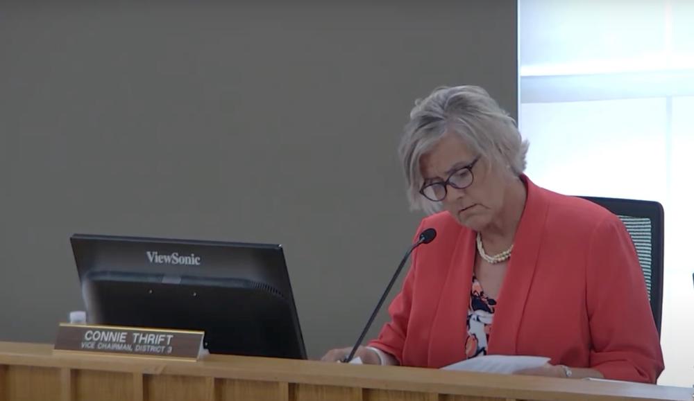 Liberty County District 3 Commissioner Connie Thrift asks for more time to review a draft agreement between the Board of Commissioners and Sheriff Will Bowman that would give the board control of a school zone camera speeding ticket fund, Hinesville, April 18, 2024. 